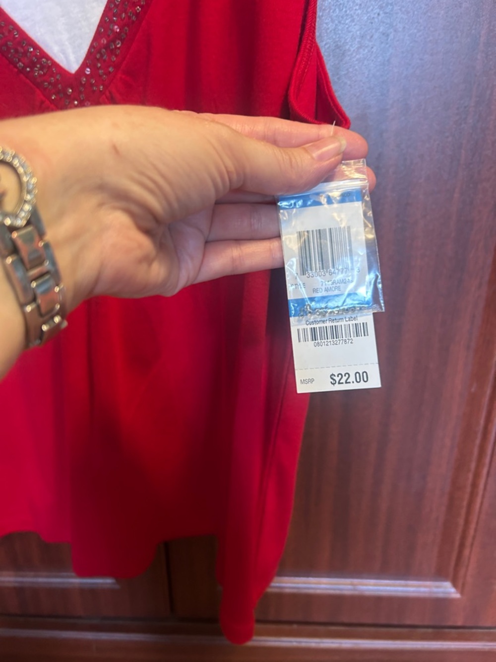 Karen Scott Red Sleeveless V-Neck Tank with Embellished Trim - Picture 4 of 4